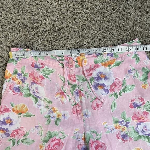 Jones NY 100%‎ Linen Pink All Over Floral Rose Print Cropped Wide Leg Pants 12 - Picture 8 of 11